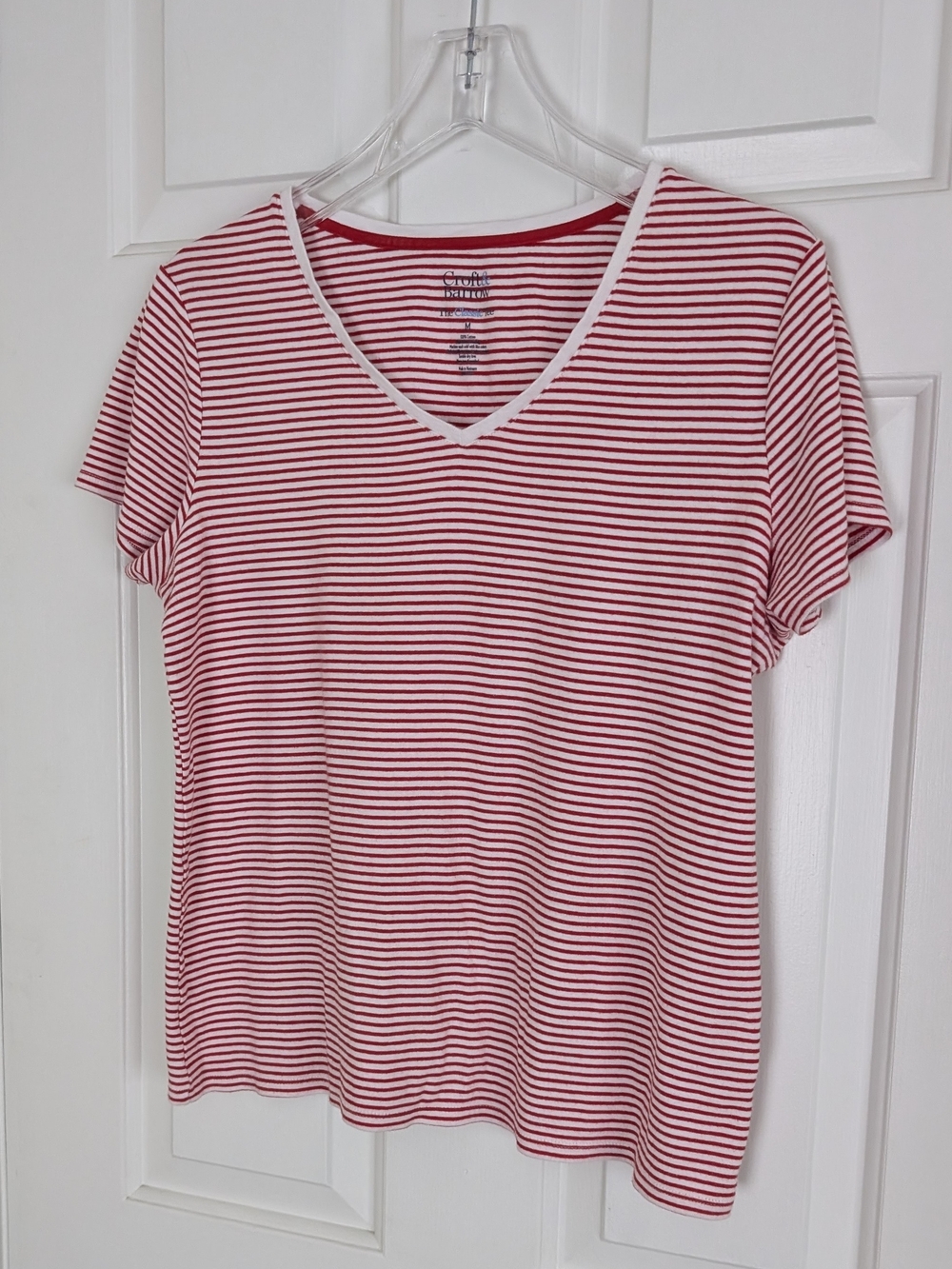 croft & barrow Red and White Striped V-Neck Short Sleeve Tee